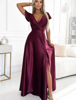 411-10 CRYSTAL saténové dlhé šaty s výstrihom - bordové