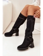 Ocieplane Kozaki Damskie Na Słupku Z Przeszyciami Czarne Alessara