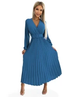 504-5 VIVIANA Plisované midi šaty s výstrihom, dlhými rukávmi a širokým opaskom - JEANS 504-5 VIVIANA Plisované midi šaty s výstrihom, dlhými rukávmi a širokým opaskom - JEANS