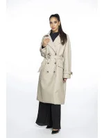 Béžový dvojradový klasický dámsky kabát z ekologickej kože AnnGissy (AG6-30)