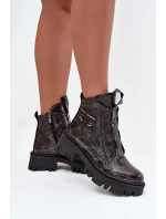 Skórzane Lakierowane Botki Damskie Z Ozdobą Ocieplane Artiker 57C2081 Grafitowe