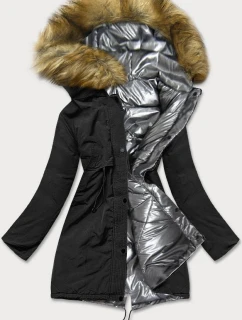 Dámska obojstranná zimná bunda v čiernej a striebornej farbe (m-136)