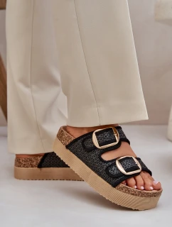 Klapki Z Plecionką I Klamrami Na Masywnej Platformie Czarne Aralissea