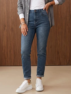 Jeansy damskie mom fit z wysokim stanem ciemnoniebieskie FashionStreet UY3244