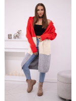 Pruhovaný sveter s kapucňou červený + béžový + sivý