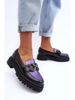 Półbuty Loafersy Damskie Skórzane Na Płaskim Obcasie Czarno-Fioletowe Elkiza