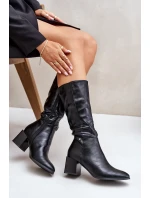 Ocieplnae Kozaki Na Słupku Eko Skórzane Do Połowy Łydki Czarne Ellithira