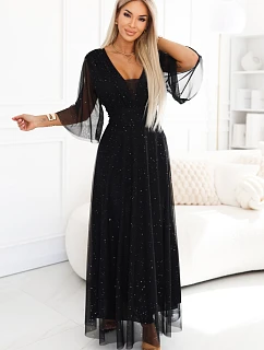 654-5 Dlhé lesklé plus size šaty s výstrihom a priehľadnými rukávmi - čierne