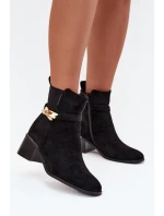 Ocieplane Botki Damskie Ze Złotą Ozdobą Na Klocku Czarne Sarona