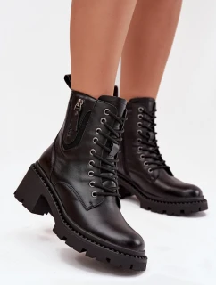 Skórzane Botki Damskie Na Klocku Ocieplane Vinceza 86418 Czarne