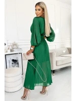 414-3 KLARA plisované šaty s opaskom a výstrihom - SVETLE ZELENÉ