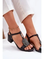 Skórzane Lakierowane Sandały Damskie Na Słupku Z Ozdobą Vinceza 91134 Czarne