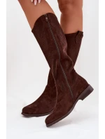 Dámské kozačky s krajkovým vzorem na nízkém podpatku S.Barski HY61-8022 Čokoládové