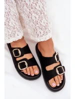 Klapki Damskie Na Platformie Ze Złotymi Klamrami Czarne Verena