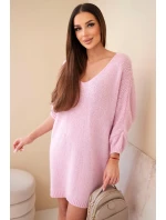Dámske plus size vlnené šaty s výstrihom do V svetloružové