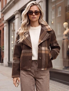 Krótki płaszcz damski z wełną w dużą kratę brązowy FashionStreet NY0835