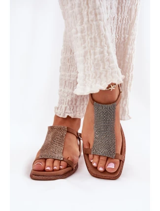 Płaskie Eleganckie Sandały Damskie Z Kryształkami Artiker 56C1365 Brązowe