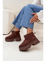 Śniegowce Damskie Niskie Wsuwane Ocieplane Futerkiem Brązowe Mavelle