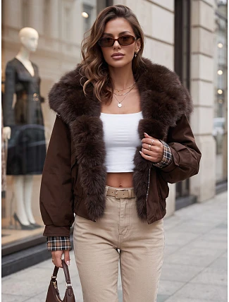 Krátka dámska bunda s odnímateľnou kožušinou, hnedá, FashionStreet TY5840 Krátka dámska bunda s odnímateľnou kožušinou, hnedá, FashionStreet TY5840