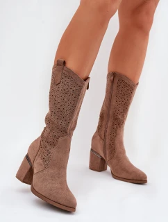 Ażurowe Kozaki Kowbojki Do Połowy Łydki S.Barski HY51-238 Brązowe