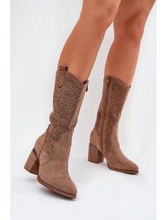 Ażurowe Kozaki Kowbojki Do Połowy Łydki S.Barski HY51-238 Brązowe