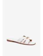 Płaskie Klapki Damskie Z Paseczkiem I Złotym Detalem Białe Kerenza