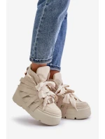 Skórzane Sneakersy Damskie Na Masywnej Platformie CheBello 4561 Beżowe