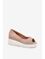 Sandały Damskie Na Koturnie Z Eko Zamszu Beżowe Velira