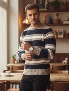 Pánsky pruhovaný tmavomodrý sveter FashionStreet WX2263