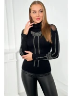 Pletená blúzka s motýľom z kubickej zirkónie čierna Pletená blúzka s motýľom z kubickej zirkónie čierna