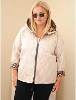 Dámska bunda vo veľkosti Plus Size s kapucňou a leopardovým lemom, tmavo béžová