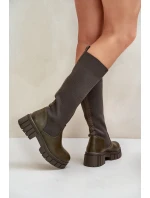 Kozaki Z Elastyczną Cholewką Na Płaskim Obcasie Ciemnozielone Mesidra