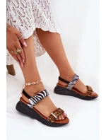 Sandały Damskie Na Koturnie Panterka I Zebra Brązowe Monera