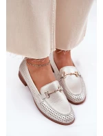 Skórzane Mokasyny Damskie Z Ozdobą Na Płaskim Obcasie S.Barski LR51-594 Srebrne