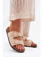 Szydełkowe Klapki Damskie Ze Złotymi Klamrami Beżowe Fenira