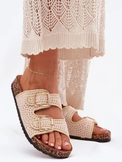 Szydełkowe Klapki Damskie Ze Złotymi Klamrami Beżowe Fenira