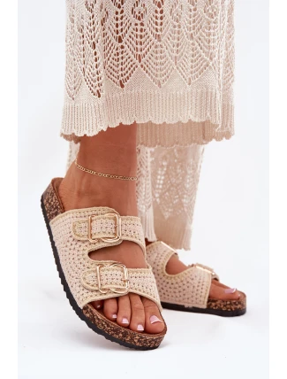 Szydełkowe Klapki Damskie Ze Złotymi Klamrami Beżowe Fenira