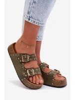 Dámské pantofle se zlatými sponami a knoflíky tmavě zelené Tervina