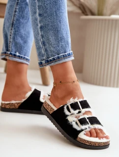 Damskie Kapcie Klapki Z Klamrami I Futerkiem Czarne Ezilena