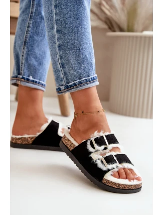 Damskie Kapcie Klapki Z Klamrami I Futerkiem Czarne Ezilena