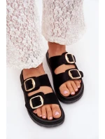 Klapki Damskie Na Platformie Ze Złotymi Klamrami Czarne Verena