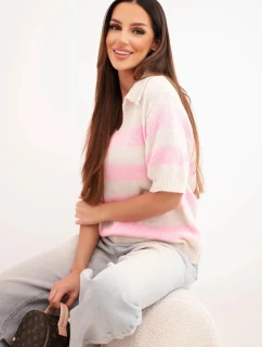 Dámsky pruhovaný sveter s golierom a krátkymi rukávmi béžovej farby