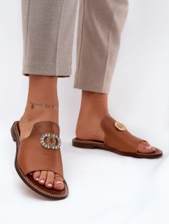 Eleganckie Skórzane Klapki Damskie Z Ozdobą Zazoo 3008 Camel