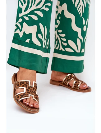 Skórzane Płaskie Klapki W Panterkę Zazoo 40383 Brązowe