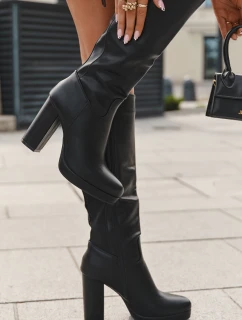 Kozaki Damskie Do Kolana Na Słupku Eko Skórzane Czarne Thalina