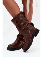 Marszczone Kozaki Damskie Do Połowy Łyski Z Paskami I Klamrami Brązowe Halvessa