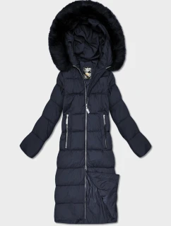 Dámska dlhá zimná bunda s kapucňou v tmavomodrej farbe (7688BIG)