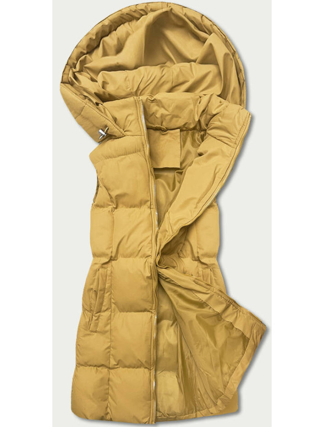 Tmavo žltá páperová dámska vesta s kapucňou (5M721-254)