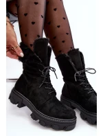 Zamszowe Sznurowane Botki Workery Z Futerkiem Czarne Frendo