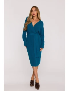 M810 Svetrové šaty s výstrihom do V - oceánsky modré